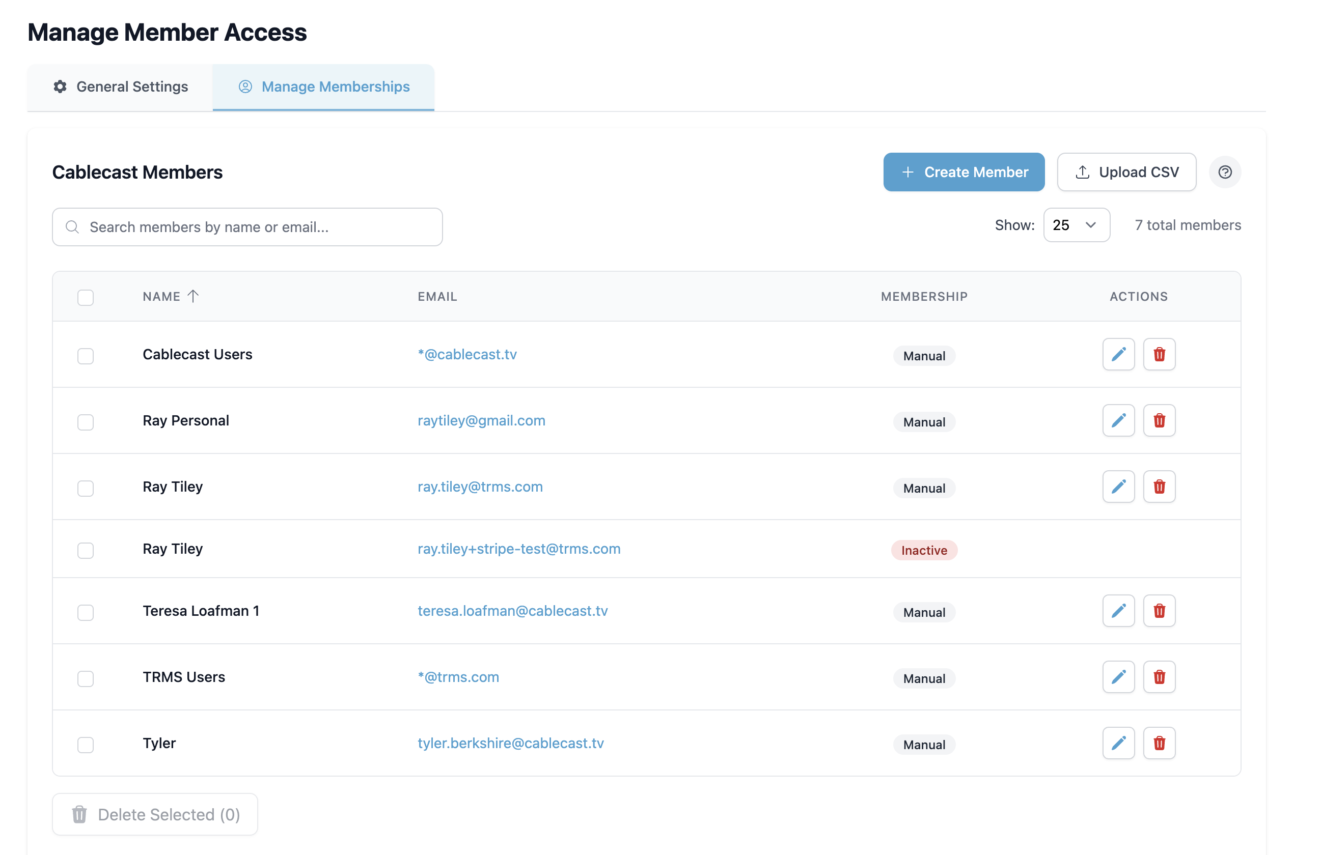 Manage Memberships tab in Manage Member Access